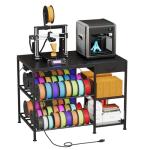 3D Printer Table with Filament Storage, 3-Tier 3D Printer Stand with Power Outlet & Drawer, Heavy Duty 3D Printer Rack for Workshop Studio Office (Black)
