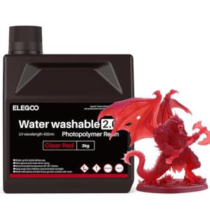 ELEGOO Upgraded Water Washable Resin 2.0, 3D Printer Resin with Low Viscosity and High Precision, 405nm Rapid UV-Curing Photopolymer Resin, 3D Resin for LCD/DLP 3D Printing, Clear Red 2000G