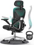 CAPOT Ergonomic Mesh Office Chair, Adjustable Lumbar High Back Desk Chair 400lbs, 4D Flip-up Arms, 3 Tilt Backrest, 3D Headrest, PU Wheels, Swivel Rolling Computer Chair for Long Desk Work - Black