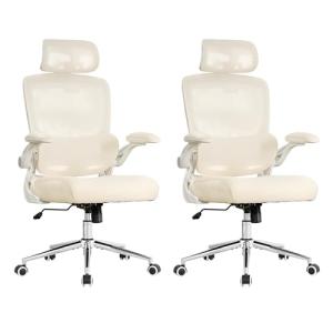 BOWTHY Ergonomic Conference Room Chairs,Home Mesh Office Desk Chairs,High Back Swivel Computer Chair with Adjustable Lumbar Support,Up&Down Flip-Up Arms,Rocking Function,330 LBS (Beige, Set of 2)