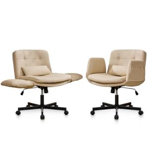 DRMBOOK Dual Layer Criss Cross Legged Chair, Comfy Rolling Office Desk Chair with Flip-Up Armrests & Wheels, Wide Swivel Vanity Chairs with Side Pockets for Makeup (Faux Leather Beige, 2 Chairs)