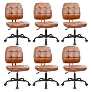CLATINA Armless Home Office Chair with Lumbar Support and Wheels, Small PU Leather Ergonomic Low Back Desk Chairs No Arms, Adjustable Height 360° Swivel Rolling Computer Task Chair, Brown, 6 Pack