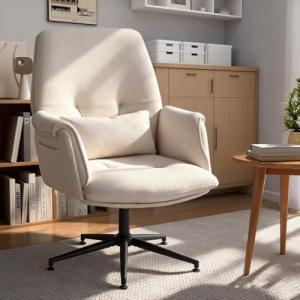 Stationary Office Desk Chair No Wheels, Fabric Comfy Vanity Chair with Back and Arms, Modern Swivel Bedroom Reading Chair, Computer Chair for Living Room, Bedroom, Make Up, Home Office (Beige White)