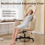 DRMBOOK Dual Layer Criss Cross Legged Chair, Comfy Rolling Office Desk Chair with Flip-Up Armrests & Wheels, Wide Swivel Vanity Chairs with Side Pockets for Makeup (Faux Leather Beige, 2 Chairs)