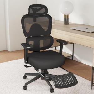 ZZH Ergonomic Office Chair with Footrest – Adjustable Lumbar Support, 3D Armrests & Headrest, Wide-Seat High-Back Mesh Computer Chair with Casters, Suitable for Home & Office, Black