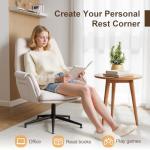 Stationary Office Desk Chair No Wheels, Fabric Comfy Vanity Chair with Back and Arms, Modern Swivel Bedroom Reading Chair, Computer Chair for Living Room, Bedroom, Make Up, Home Office (Beige White)