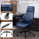 E-Motie Home Office Desk Chair, Ergonomic High Back Leather Computer Chair with Lumbar Support, Adjustable Height & Recline, Swivel Executive Office Chair with Armrests and Rubber Casters, Blue