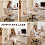 DRMBOOK Dual Layer Criss Cross Legged Chair, Comfy Rolling Office Desk Chair with Flip-Up Armrests & Wheels, Wide Swivel Vanity Chairs with Side Pockets for Makeup (Faux Leather Beige, 2 Chairs)