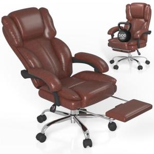 Big and Tall Office Chair, Executive Home Office Desk Chair, Leather Computer Chair with Retractable Footrest, Adjustable Headrest and Reclining Height, Padded Arms, 360°Swivel Free, Wide Seat, Brown