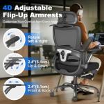 ZZH Ergonomic Office Chair with Footrest, High-Back Home Desk Chair with Adjustable Lumbar Support, Headrest, Flip-Up Arms, 90-135° Tilt Lock, and Wide Cushion, Big and Tall Mesh Computer Seating