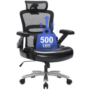 500lbs Heavy Duty Ergonomic Office Chair, Big and Tall Desk Chair with Adjustable Lumbar Support 3D Flip Armrests Headrest, Mesh High Back Wide Computer Executive Chair, Black