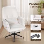 Stationary Office Desk Chair No Wheels, Fabric Comfy Vanity Chair with Back and Arms, Modern Swivel Bedroom Reading Chair, Computer Chair for Living Room, Bedroom, Make Up, Home Office (Beige White)