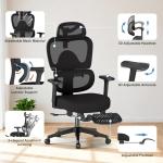 ZZH Ergonomic Office Chair with Footrest – Adjustable Lumbar Support, 3D Armrests & Headrest, Wide-Seat High-Back Mesh Computer Chair with Casters, Suitable for Home & Office, Black