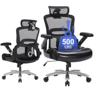 Big and Tall Office Chair-500lbs, Heavy Duty Ergonomic Office Desk Chair with Adjustable Lumbar Support,3D Flip-up Armrests&Headrest Mesh High Back Wide Seat Computer Executive Task Chair, Black