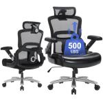 Big and Tall Office Chair-500lbs, Heavy Duty Ergonomic Office Desk Chair with Adjustable Lumbar Support,3D Flip-up Armrests&Headrest Mesh High Back Wide Seat Computer Executive Task Chair, Black