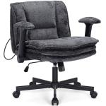 Criss Cross Chair with Wheels and Flip Arms, Upholstered Cross Legged Office Chair with 3 Layer Cushions&Dynamic Airbag Lumbar Support, Wide Seat Comfy Desk Chair for Home Office, Living Room, Black