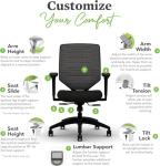 HON Solve Office Chair, Ergonomic Office Chair Mesh Back Support, Adjustable Lumbar Support, Height Adjustable Arms, Black Frame, Peacock