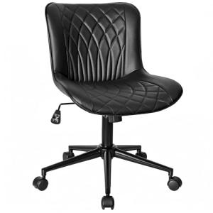 VECELO Mid-Back Desk Chair with Adjustable Height, PU Leather Makeup Vanity Chair with Wheels, Armless Space-Saving Task Chair, for Home Office, Black
