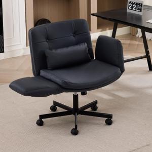 IPKIG Criss Cross Chair with Adjustable Arms, Swivel Vanity Chair with Side Pockets, Ergonomic Cross Legged Office Chair with Wheels, Adjustable Height Computer Desk Chair PU Leather, Black