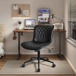 VECELO Mid-Back Desk Chair with Adjustable Height, PU Leather Makeup Vanity Chair with Wheels, Armless Space-Saving Task Chair, for Home Office, Black