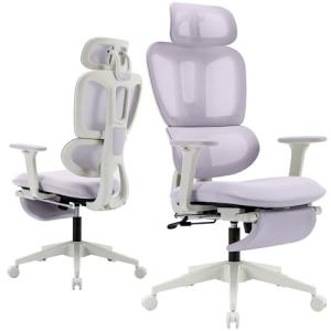 Ergonomic Office Chair with Footrest, High Back Computer Office Chair with Dynamic Lumbar Support, 2D Headrest, 2D Armrest, Sponge Seat, Mesh Home Office Desk Chair for Adults, Purple