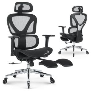 MALOL Ergonomic Office Chair with Footrest, Mesh Home Office Computer Chair with Adjustable Headrest and 3D Arms, Backrest Height, Tilt Lock and Lumbar Support, 300LBS