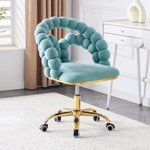 Hommoo Desk Chair with Wheels and Arms, Velvet Home Office Chair, Swivel Armchair with Gold Legs, Height Adjustable Modern Vanity Study Chair for Girls Women Blue