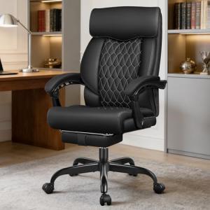 Big and Tall Office Chair with Footrest, High Back Executive Leather Desk Chair with Lumbar Support, Reclining Office Chair with Adjustable Angle, Home Office Ergonomic Computer Gaming Chair