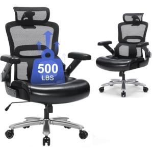 Bondesin Heavy Duty Office Chair 500lbs with 3D Flip Up Arms & PU Letaher Cushion Big and Tall Office Chair for Heavy People, Home Office Desk Chairs with Adjustable Lumbar Support & Mesh High Back