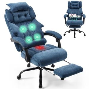 Massage Office Chair with Foot Rest,3D Kneading & Heat Executive Office Chairs for Heavy People,500LBS Big and Tall Office Chair,Ergonomic Reclining Desk Chair,Dual-Use Pillow,Home Office,BlueCloth