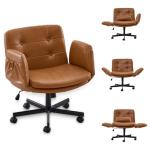 OQQOEE Criss Cross Chair with Wheels & Adjustable Arms, Wide Seat Faux Leather Office Desk Chair, Cross Legged Swivel Computer Chair for Home Office, Makeup Vanity, Small Spaces, Orange