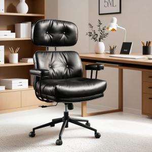 ovios Ergonomic Office Chair, High Back Faux Leather Executive Chairs with Thick Cushion, Comfy Mid-Century Modern Swivel Rolling Computer Armchair (Black, PU Leather)