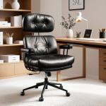 ovios Ergonomic Office Chair, High Back Faux Leather Executive Chairs with Thick Cushion, Comfy Mid-Century Modern Swivel Rolling Computer Armchair (Black, PU Leather)