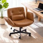 OQQOEE Criss Cross Chair with Wheels & Adjustable Arms, Wide Seat Faux Leather Office Desk Chair, Cross Legged Swivel Computer Chair for Home Office, Makeup Vanity, Small Spaces, Orange
