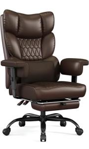 Misolant Big and Tall Office Chair with Footrest, High Back Executive Desk Chair with Adjustable Lift Armrest, 155°Recline，Lumbar Support Pillow, Faux Leather Gaming Chairs for Home or Office Brown