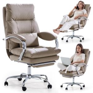 LEAGOO Office Chair with Foot Rest, Executive Reclining Office Chairs with Arms, Ergonomic High Back PU Leather Comfy Swivel Computer Desk Chairs with Wheels and Lumbar Support for Home Office, Tan