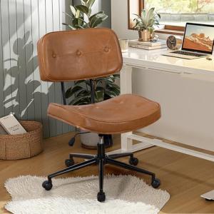 Newnno Armless Office Chair with Wheels, Adjustable Height Desk Chair Leather Swivel Computer Chair, Modern Walnut Office Side Chair for Meeting Room Office, Brown