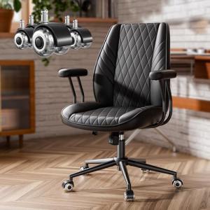 JULYMON Black Leather Office Desk Chair with Rubber Quiet Wheels, Height Adjustable, Padded Arms, Vintage Mid Century Office Chair, Modern Desk Chair