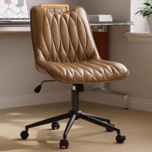 Bananister Armless Office Chair, Desk Chair No Arms, Adjustable Swivel Rolling Task Chair with Wheels, Faux Leather Upholstered, Compact for Small Space Home Office & Bedroom Vanity, Brown