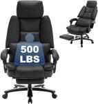 Big and Tall Office Desk Chair with Footrest, 500lbs Reclining Heavy Duty Executive Chairs with Lumbar Support, Oversized PU Leather Recliner Chairs High Back Ergonomic Home Office Desk Chair, Black