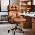 weaxty W Brown Leather Home Office Chair, Ergonomic High Back Executive Chair with Deep Seat Thick Cushion, Mid Century Modern Big and Tall Computer Desk Chair with Lumbar Support (Light Brown Suede)