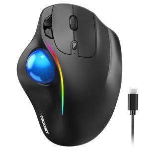 TECKNET Pro Wireless Trackball Mouse, Bluetooth Mouse with Ergonomic Thumb Control, USB-C Rechargeable, RGB Light Mice with Adjustable DPI, 3-Device Connectivity (BT or 2.4G),for PC/Mac/Laptop - Black