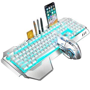 Wireless Keyboard and Mouse, Blue LED Backlit Rechargeable Keyboard with 3800mAh Battery, Metal Panel, Removable Hand Rest Mechanical Feel, 7 Color Gaming Mute Mouse for PC Gamers