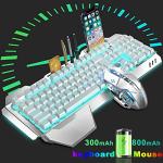 Wireless Keyboard and Mouse, Blue LED Backlit Rechargeable Keyboard with 3800mAh Battery, Metal Panel, Removable Hand Rest Mechanical Feel, 7 Color Gaming Mute Mouse for PC Gamers