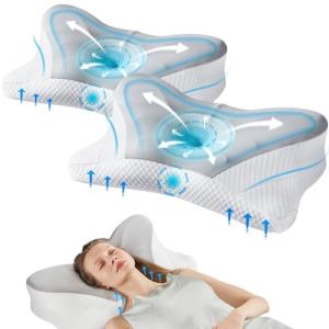 Sweetcrispy Cervical Pillow for Neck and Shoulder - 2 Pack Ergonomic Memory Foam Pillows, Contour Side Sleeper for Adults, Cooling Orthopedic Neck Support for Back Stomach Sleepers,Grey