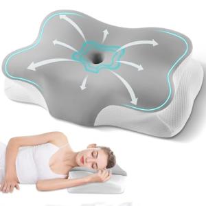 Cervical Neck Pillow, Ergonomic Side Sleeper Pillow for Neck Support, Cooling Memory Foam Pillows for Sleeping, Contour Orthopedic Bed Pillows for Side Back Stomach Sleepers (Grey)