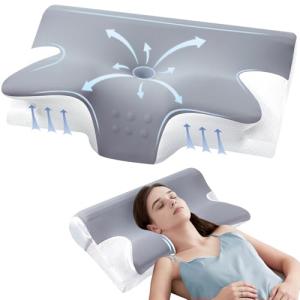 Effective Pain Relief Cervical Neck Pillow for Sleeping, Memory Foam Pillows for Neck Support, Odorless Contour Side Pillow, Ergonomic Bed Pillow for Back Stomach Sleeper (Grey and White)