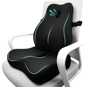 JIPORIER Seat Cushion & Lumbar Support Pillow Set for Office Chair, Ergonomic Pillow for Sciatica Pain Relief, Memory Foam Back Support Pillow & Chair Cushion for Car seat, Desk Chair (Black)
