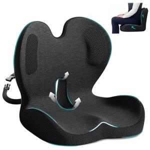 Memory Foam Seat Cushion,Office Chair Cushion with Lumbar Support,L-Shape Ergonomic Cushions with Strap,Non-Slip Sciatica,Hemorrhoids, Tailbone Pain Relief for Office Workers,Driver (Black+ Gray)