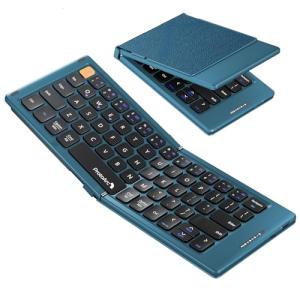 ProtoArc Foldable Compact Keyboard, XK04 Portable Bluetooth Keyboard with PU Leather Cover, Pocket-Sized Wireless Travel Keyboards for iPad, iPhone, Smartphone, Tablet and Laptop - Blue
